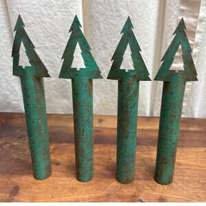 Vintage Christmas Tree Holiday Metal Stakes Candle Holders Rustic Distressed
